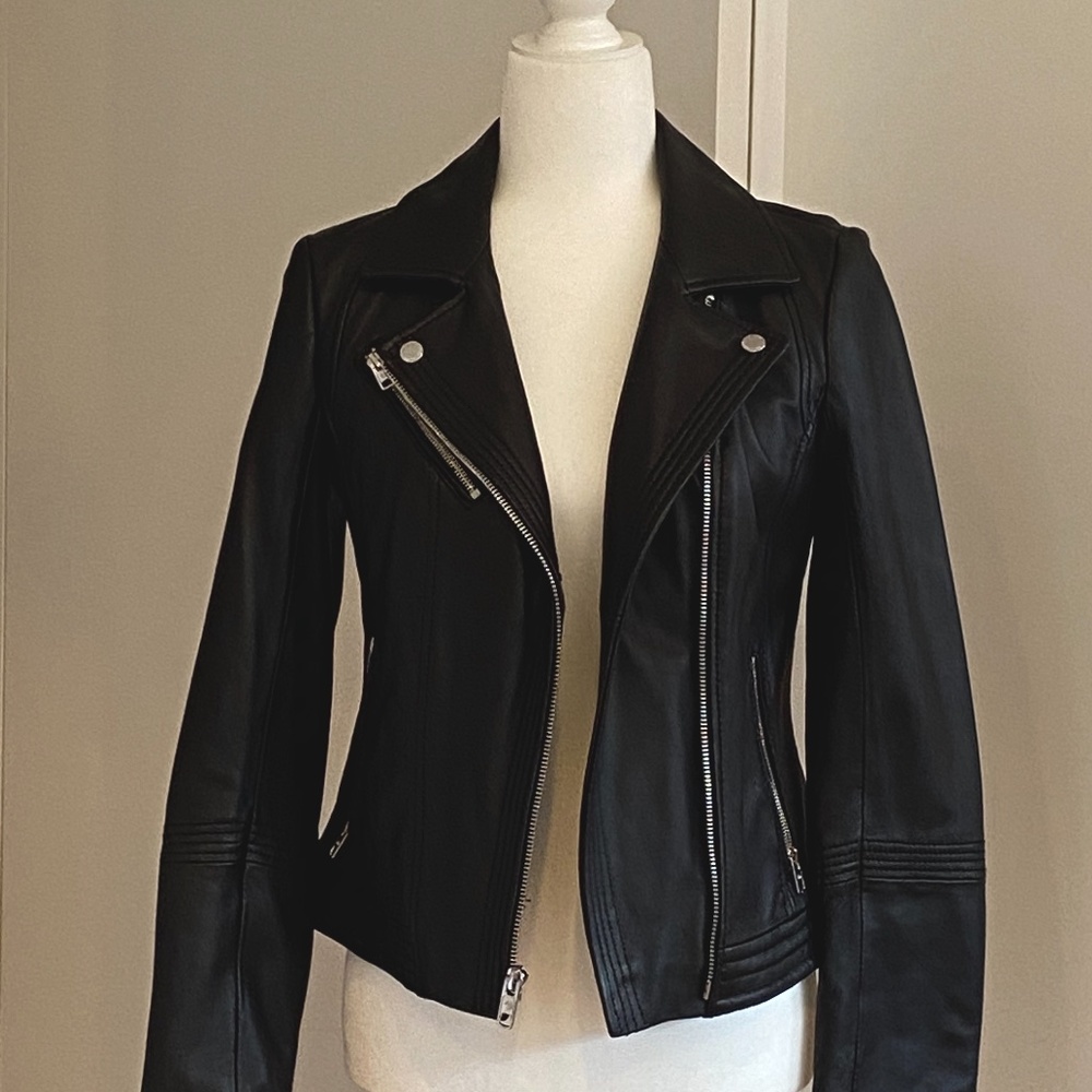 MICHAEL KORS Black Leather Moto Jacket.